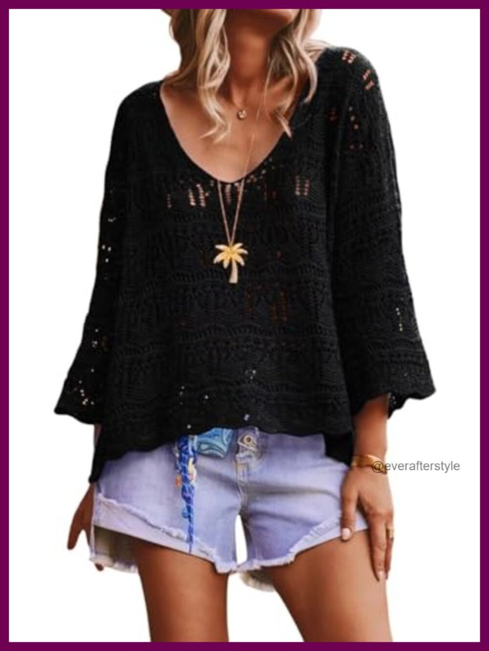 Crochet Sweater Pullover 3/4 Sleeve V-Neck Boxy Boho Top